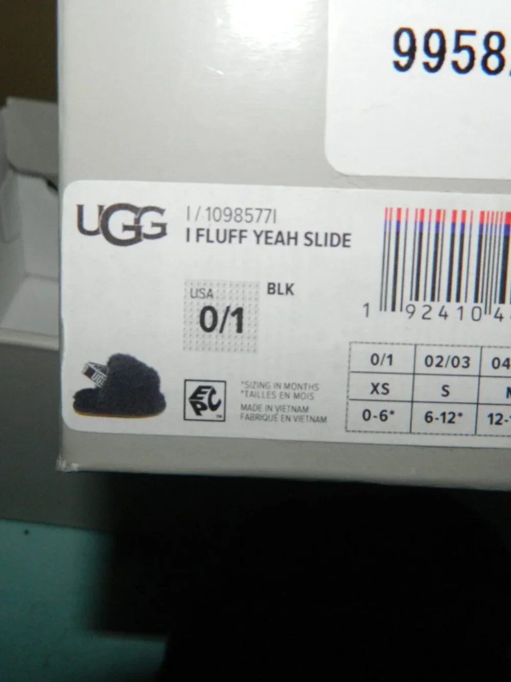 UGG Fluff Yeah Slides Baby Size 0/1 Black Fluffy Shoe Elastic Logo Strap